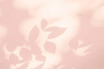 Leaf shadow and light on wall pink pastel background. Nature tropical leaves shadows tree branch and plant shade with sunlight sunshine on wall for wallpaper, shadow overlay effect foliage mockup