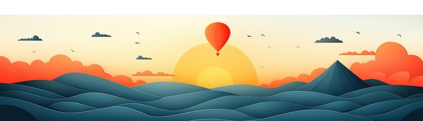 Obraz premium Colorful Hot Air Balloon Above Mountains and Waves at Sunrise with Cloudy Sky