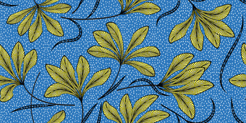 African ethnic traditional Blue pattern. seamless beautiful Kitenge, chitenge, Dutch wax style. fashion design in colorful. botanical abstract motif. yellow floral Ankara prints, African wax prints.