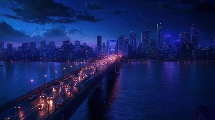 Fototapeta premium Elevated view of Rainbow Bridge lit up against the Tokyo Bay skyline, no human activity.