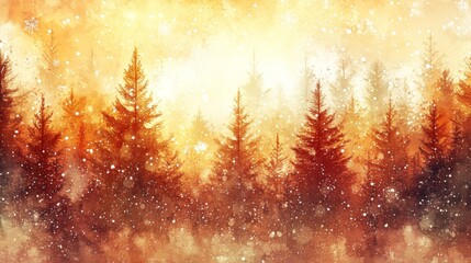 Naklejka premium Orange and Yellow Winter Sunset Forest Watercolor