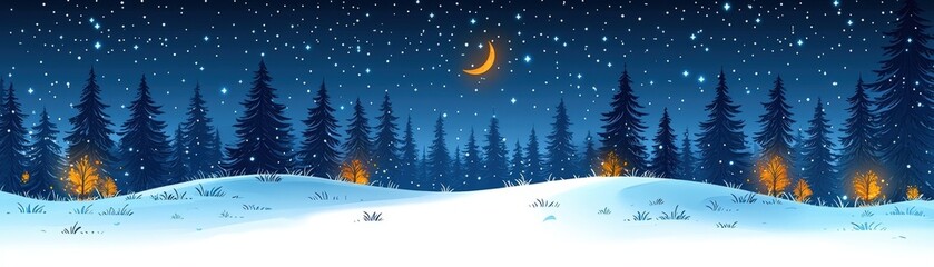 Fototapeta premium Serene Winter Landscape with Snowy Hills, Pine Trees, Moon, and Falling Snowflakes at Night