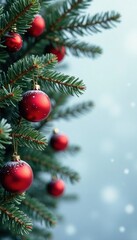 Fototapeta premium Rustic pine branches, glossy red baubles, snowy background, tree, ornaments, photo