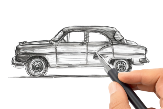 Artistic rendition of a vintage car being sketched with intricate details and a sleek design on a clean white background isolated on transparent background