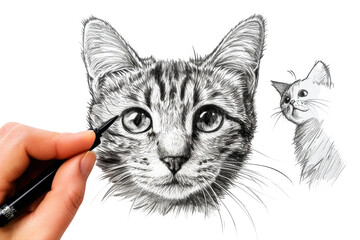 An artist meticulously captures the essence of a tabby cat through detailed sketching in a cozy studio on a serene afternoon isolated on transparent background