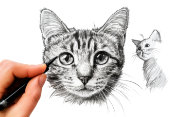 An artist meticulously captures the essence of a tabby cat through detailed sketching in a cozy studio on a serene afternoon isolated on transparent background