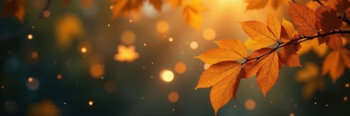 Fototapeta premium Golden leaves, warm-toned fairy lights strung on branches , image, leaves, cozy