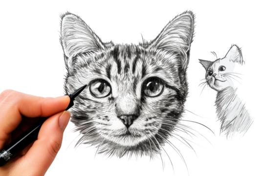 An artist meticulously captures the essence of a tabby cat through detailed sketching in a cozy studio on a serene afternoon isolated on transparent background