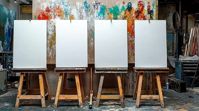 Three easels with paintings on them in an art studio