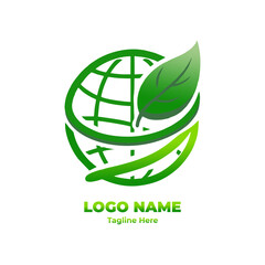 Green earth and eco leaf logo design for environmental sustainability biodegradable energy organic living and zero waste clean planet branding for microstock illustration