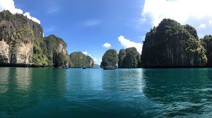 Naklejka premium Panoramic view of towering limestone cliffs and emerald waters in Ao Phang Nga National Park.