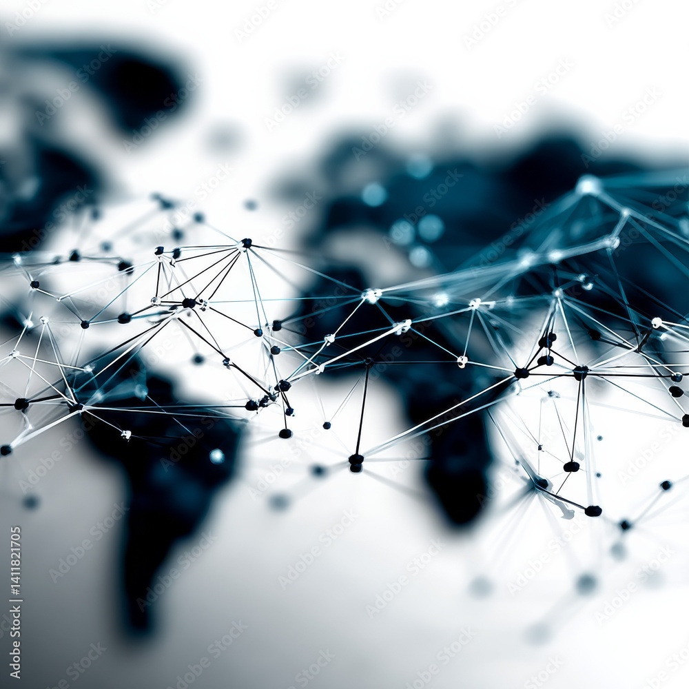 Poster Global Network Connection: Abstract World Map with Interconnected Nodes and Lines for Communication and Data Exchange
