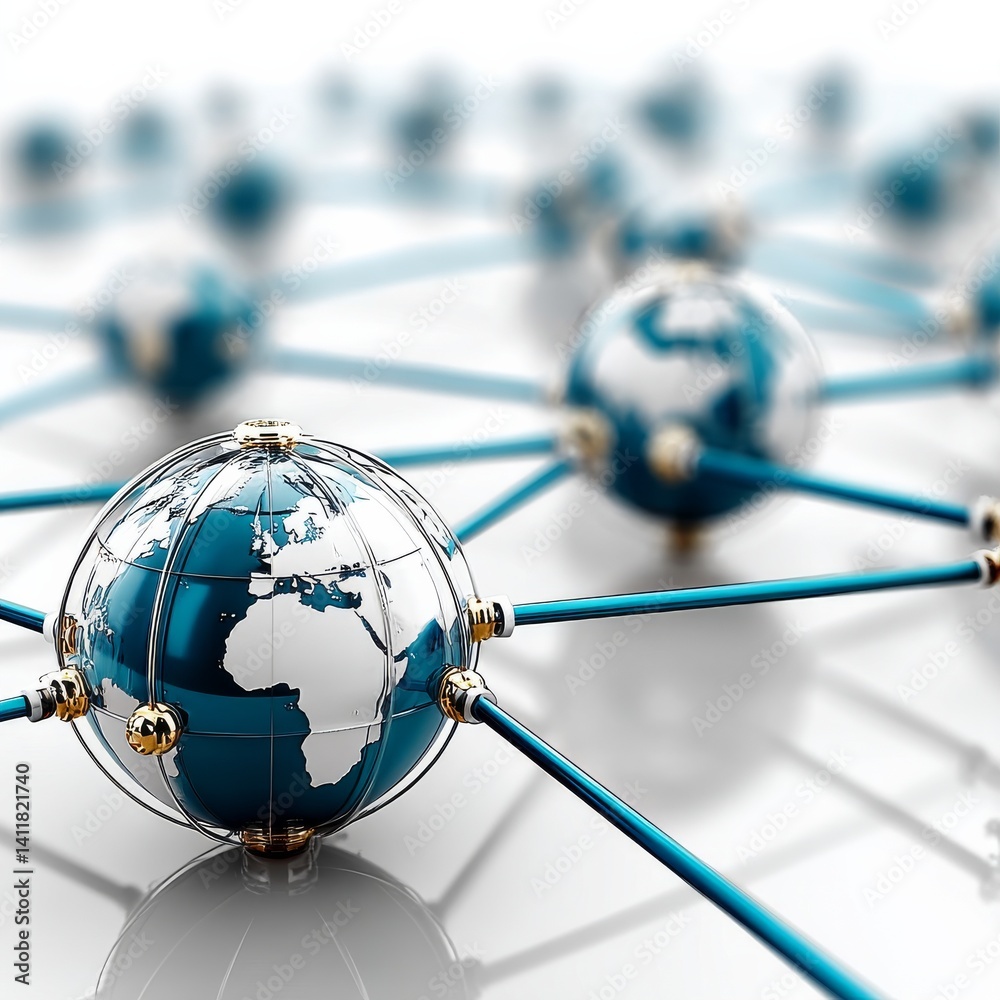 Fototapete global network connectivity: interconnected world representation with blue links and globe ornaments