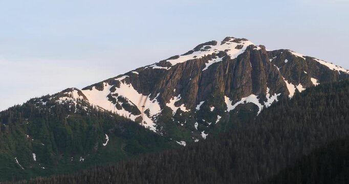 Snow capped Mount Bradley on Douglas Island at sunset, Juneau, Alaska.