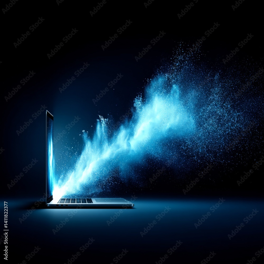 Poster laptop unleashing creative energy: a digital explosion of imagination and innovation on a sleek comp