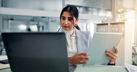 Office, accountant and businesswoman with tablet for laptop, bookkeeping and auditing in...