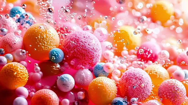 A bunch of colorful balls with water droplets on them