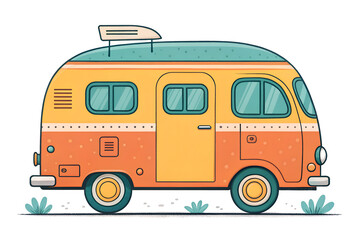 Orange retro camper van illustration with vintage style and big windows