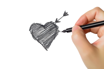 Creative hand sketching a heart pierced by an arrow against a clean white background during a quiet afternoon at home isolated on transparent background