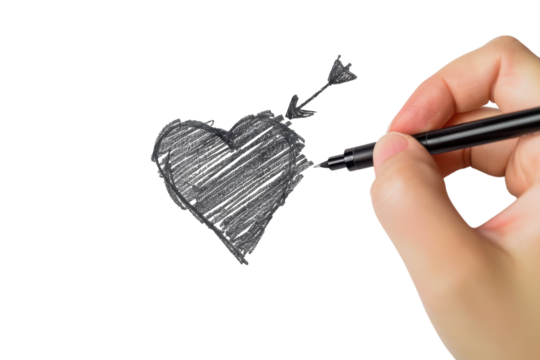 Creative hand sketching a heart pierced by an arrow against a clean white background during a quiet afternoon at home isolated on transparent background