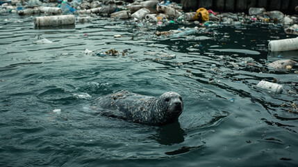 Naklejka premium Seal swimming in polluted water surrounded by plastic waste