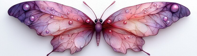 Fototapeta premium Colorful Butterfly Artwork with Water Droplets on Delicate Wings in Violet and Pink Shades