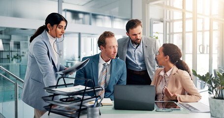 Meeting, team and business people on laptop in office for feedback, finance review and online project. Corporate, professional and men and women on computer for research, website and collaboration