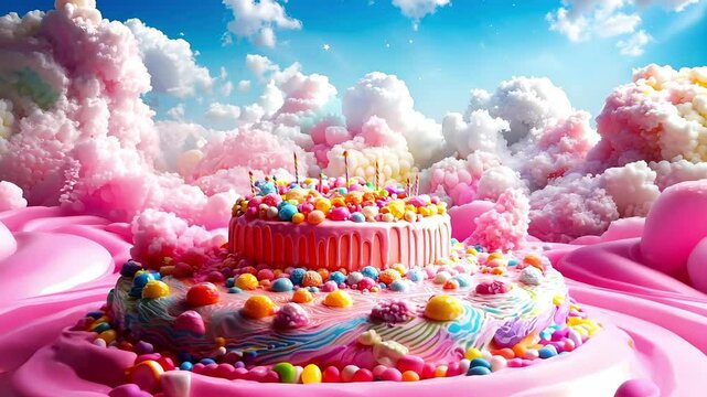 A pink cake covered in lots of colorful candies and clouds
