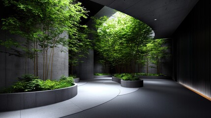 Modern concrete hallway with lush greenery; interior courtyard