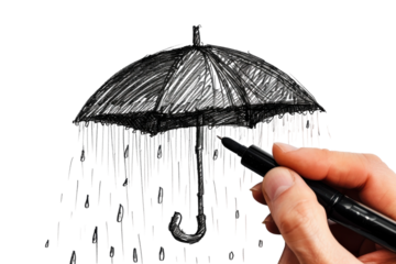 Capturing creativity: A hand sketches a black umbrella with raindrops on a white surface in a moment of artistic expression isolated on transparent background