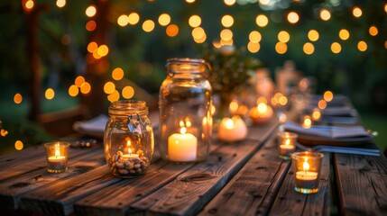 Enchanting evening ambiance  string lights, candles, and lamps create a magical wedding atmosphere