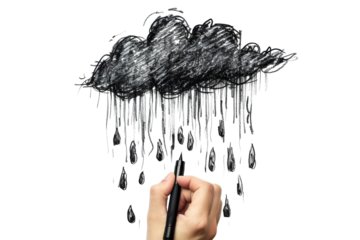 Artistic rendition of a chalk drawing of a cloud with rain, created in a minimalist style showcasing creativity and expression isolated on transparent background