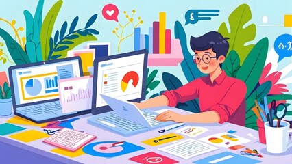 Young man studying in front of computer. Flat design illustration. Isolated background