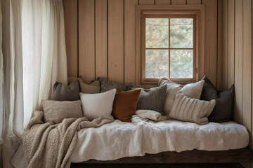 Fototapeta premium Warm and inviting daybed scene with soft textiles and natural light creating a cozy atmosphere in a rustic wooden cabin