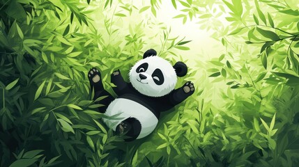 Fototapeta premium A happy panda is relaxing amidst the verdant green bamboo forest