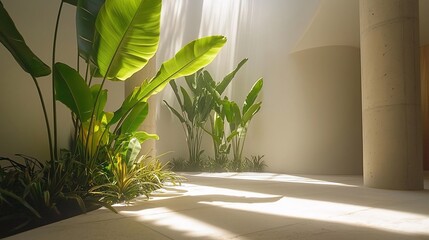 Obraz premium Sunlight Streaming Through Sheer Curtain Illuminating Lush Green Tropical Plants