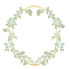 Frame with hand draw pastel flowers and leaves, isolated on white background, elegant ribbon and botanical elements.