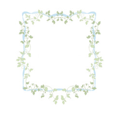 Frame with hand draw pastel flowers and leaves, isolated on white background, elegant ribbon and botanical elements.