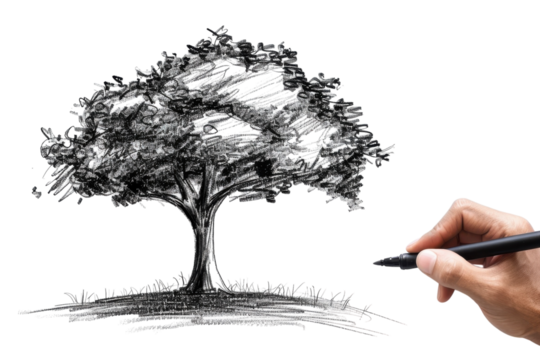 Artistic sketch of a tree being drawn on white paper with a hand holding a black pen, capturing creativity in a serene moment isolated on transparent background