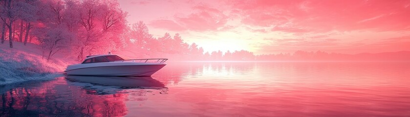 Fototapeta premium Serene Sunset Over Calm Water with Boat in Dreamy Pink and Purple Sky Reflection