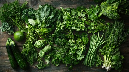 vibrant organic green food spread with leafy greens, fresh herbs, and vegetables arranged artistically on a wooden table."