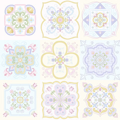 Seamless pattern with tiles and flowers, hand draw majolica motives, pastel ornament and delicate floral