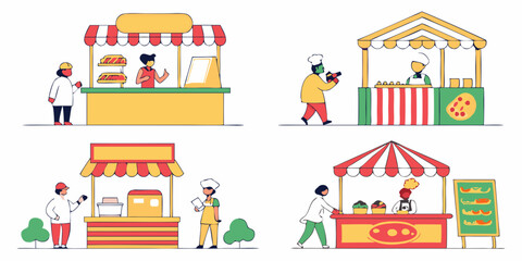Street Food Market Flat Vector Illustration of Four Food Stalls with Vendors and Customers