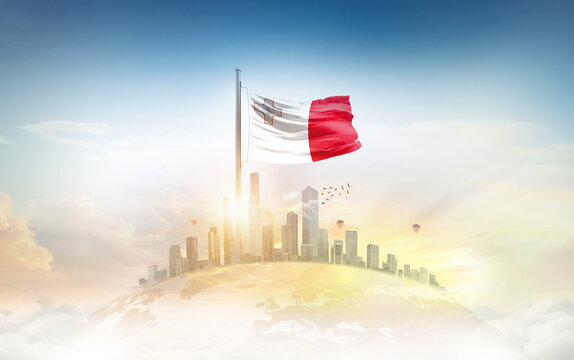 Malta flag wavering on globe with modern building skyline. Flag waving on world map. Malta national flag for independence day. - Powered by Adobe