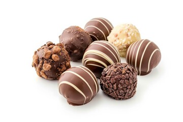 Fototapeta premium Indulgent assortment of handmade chocolate truffles on a clean white surface, showcasing rich flavors and artistic drizzle patterns isolated on transparent background