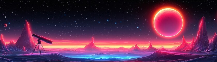 Obraz premium Futuristic Landscape with Telescope Under Stars and Bright Red Planet in Vibrant Colorful Scene
