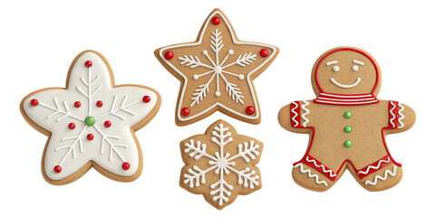 3D Rendered Christmas Gingerbread Cookies Star, Snowflake, and Gingerbread Man, Isolated on Transparent Background, Christmas cookies, gingerbread man, 3D render