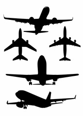 Aircraft Silhouettes Collection . Commercial Jet Plane Icons in Multiple Views, Black and White Vector Set