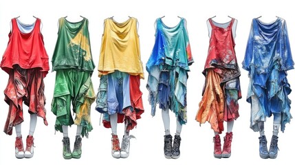 Colorful, distressed garments showcased on mannequins.