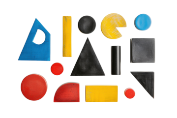 Colorful geometric shapes arranged in a creative layout on a light backdrop showcasing artistic exploration and design possibilities isolated on transparent background